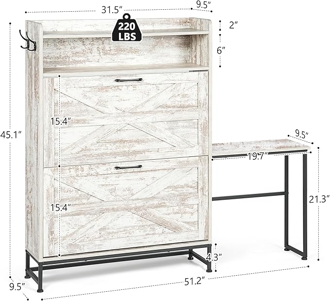 Vibe & Dine Shoe Cabinet with 2 Flip Drawers and Shoe Bench, Farmhouse Shoe Storage Cabinet for Entryway, Freestanding Slim Shoe Organizer Cabinet, Narrow Shoe Rack Cabinet with Metal Legs, White-NeatNest