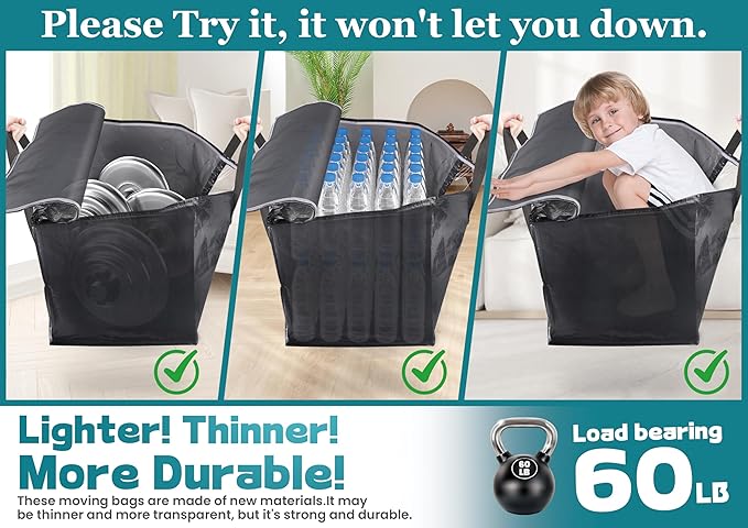 HomeHacks Extra Large Moving Bags with Visible PVC Window, Lightweight but Durable Storage Bags with Reinforced Handles, Storage Totes for Packing, Moving, Storage (93L, 6-Pack)