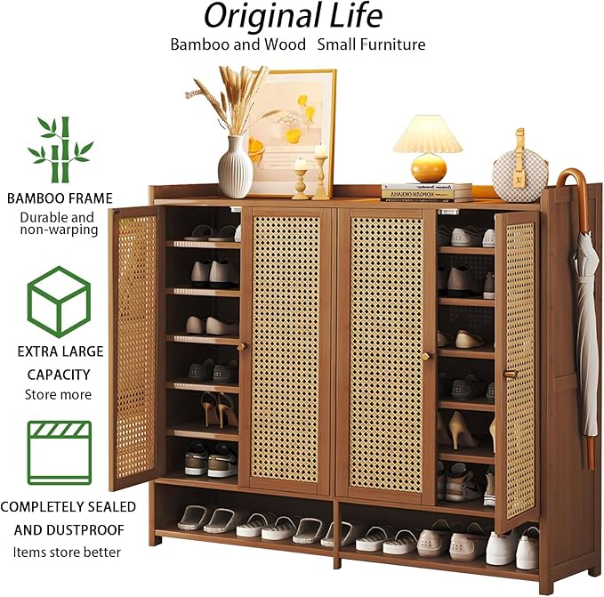 Bamboo Shoe Cabinet, 8-Tier Shoe Storage Cabinet with Doors, Freestanding Bamboo Shoe Rack Organizer with Shelves for Entryway, Hallway, Closet, Living Room (Brown-4)