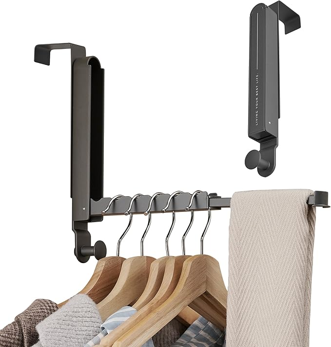 Over The Door Hooks Hanger Fit Door up to 1 3/4" Optimal 2pc,Over The Door Hanger with Retractable Rod,Foldable Over The Door Drying Rack for Laundry Bathroom Bedroom (Space Grey, 2 Pack)