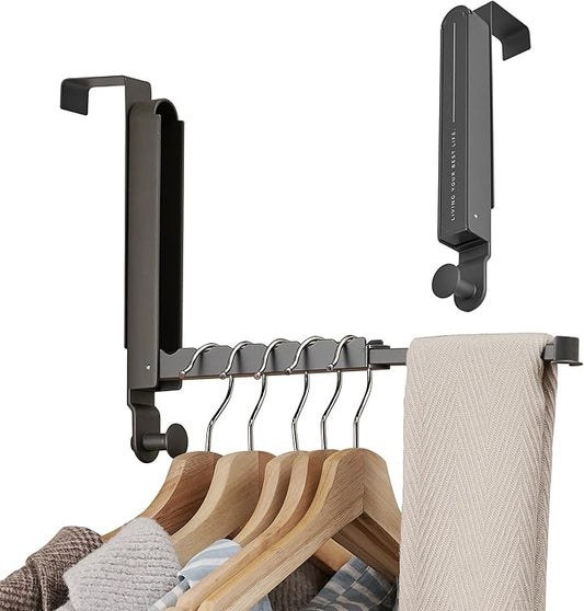 Over The Door Hooks Hanger Fit Door up to 1 3/4" Optimal 2pc,Over The Door Hanger with Retractable Rod,Foldable Over The Door Drying Rack for Laundry Bathroom Bedroom (Space Grey, 2 Pack)