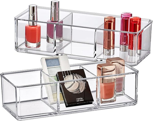 Amazing Abby - Glamour - 2-Pack Acrylic 3-Compartment Makeup Organizer, Transparent Plastic Lipstick Holder, Perfect Bathroom Vanity Storage Solution for Lipsticks, Nail Polishes, and More-NeatNest