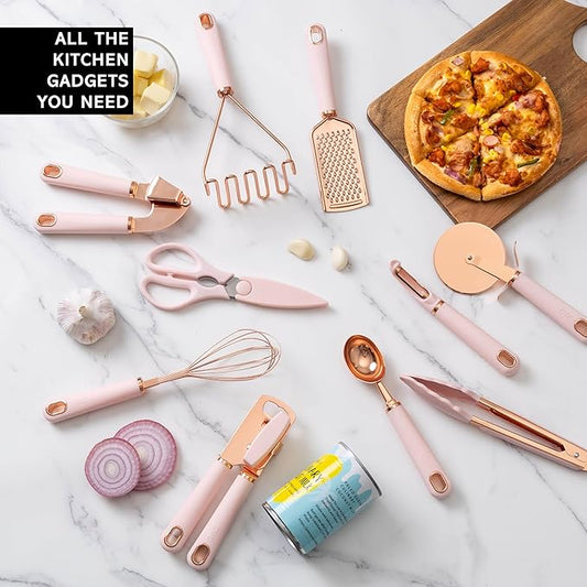 COOK WITH COLOR Kitchen Gadget Set Copper Plated Stainless Steel Utensils with Soft Touch Handles, Copper Pink, 10 Pieces-NeatNest