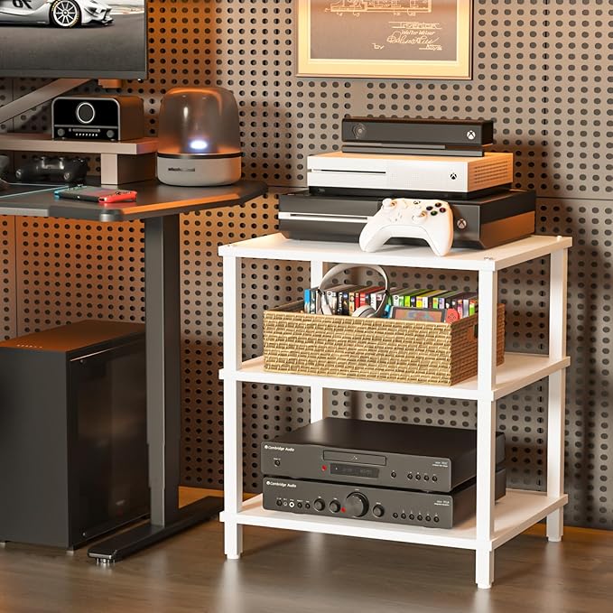 3-Tier AV Media Player Stand, white Stereo Cabinet, Modern Stereo Cabine,Game Console Shelf,Wooden TV Stand,Multifunctional Entertainment Center, Suitable for Home, Conference Room, Game Studio-NeatNest
