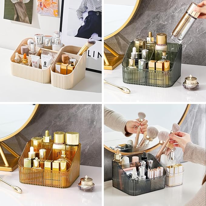 DASITON Large Capacity Makeup Brush Holder,5 Slot Makeup Brush Cup,Vintage striped Make Up Brush Holder,for Vanity Decor,Bathroom Countertops,Desk Storage Container,Cosmetic Display cases(Cream)-NeatNest