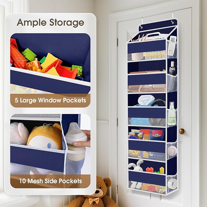 1 Pack Over The Door Organizer, Hanging Storage Organizer with Clear Window, 40lb Ultra Sturdy Large Capacity Room Organizer for Pantry Laundry Bathroom Nursery Closet (Blue)-NeatNest