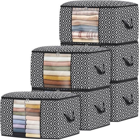 Direct 100L, 6 Pack, Storage Containers, Large Clothes Storage Bins Foldable Organization and Storage Bags with Reinforced Handle, Clear Window for Bedding, Blankets, Clothing, Black-NeatNest