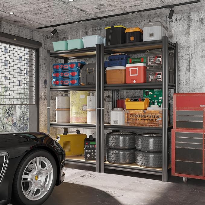 4 Tier Garage Shelving Wood Storage Shelves 4000 lb Load Capacity Adjustabl Shelf Units 45.6" H*23.6" W*11.8" D Metal Shelving Suitable for Basement Warehouse Pantry,Black