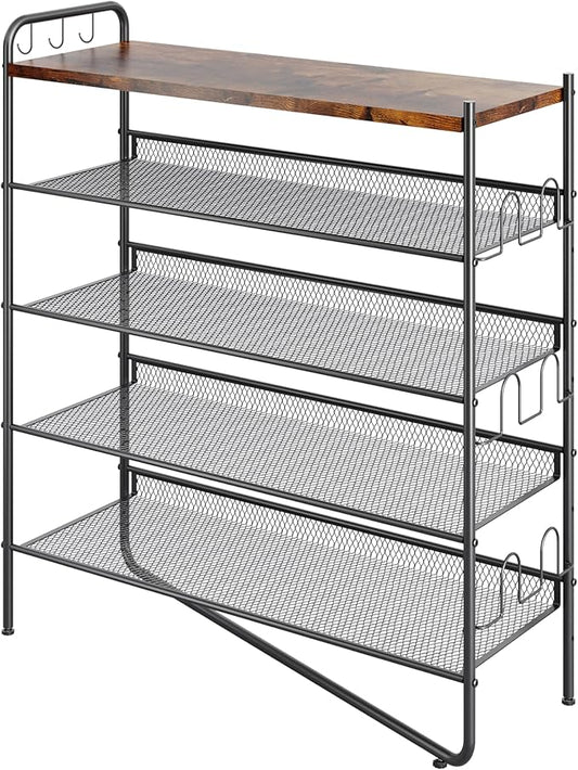 5 Tier Shoe Rack for Entryway, Metal Shoe Rack Organizer Holds 20 Pairs Shoes, Front Door Shoe Storage with Rustic Brown Wooden Top, Vertical shoe rack for Space Saving Shoe Organizer (5-Tiers)-NeatNest