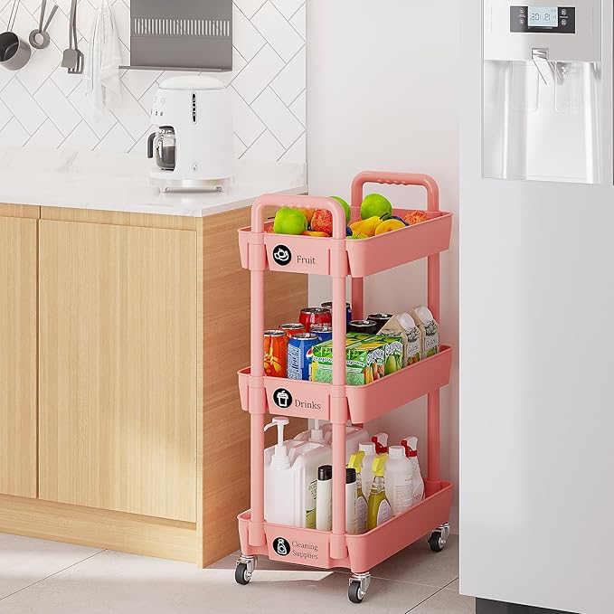 Laiensia 3-Tier Rolling Cart with Wheels,Multifunction Utility Storage carts, Kitchen Storage Organizer,Mobile Shelving Unit for Bathroom,Laundry,with Classified Stickers,Pink-NeatNest