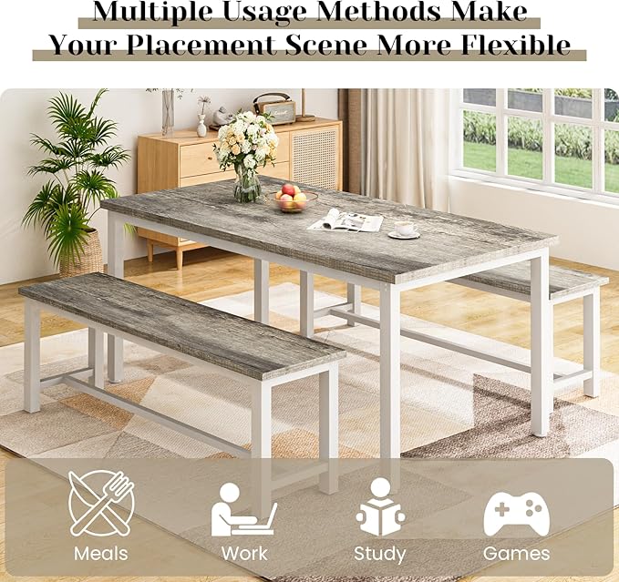 DKLGG Dining Table Set for 4, 47" Farmhouse Kitchen & Dining Room Sets 3 Pieces Rectangular Dining Room Table with Bench for Small Space, Restaurant, Apartment, Grey & White-NeatNest