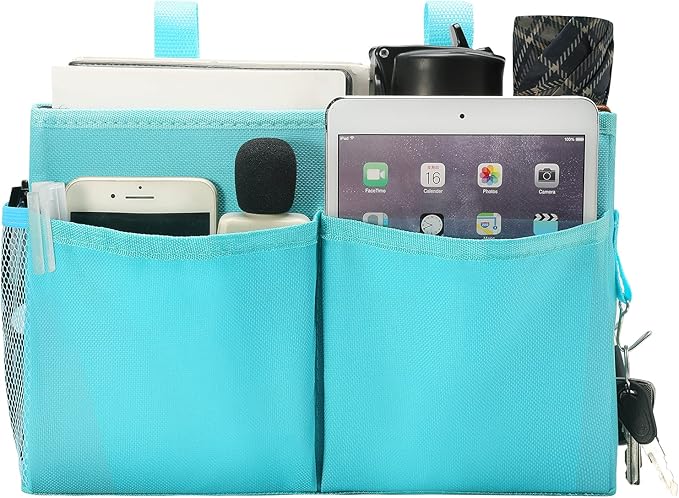 Bunk Bed Organizer, Bedside Caddy Hanging Bed Organizer Storage Bag with 4 Pockets and 2 Hooks, for College Dorm Rooms Bed, Hospital Bed, Baby Bed Rails, 600D Oxford Cloth (Light Blue)-NeatNest