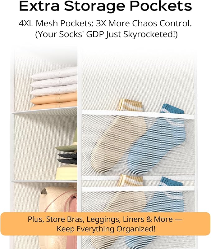 Extra Deep Hanging Closet Organizer with Shelves and Oversized Mesh Pockets, Heavy-Duty Structure, No Deformation, Max Storage for Clothes, Shoes, Hats, Dorms and RVs,1-Pack (White, 5 Tier)-NeatNest