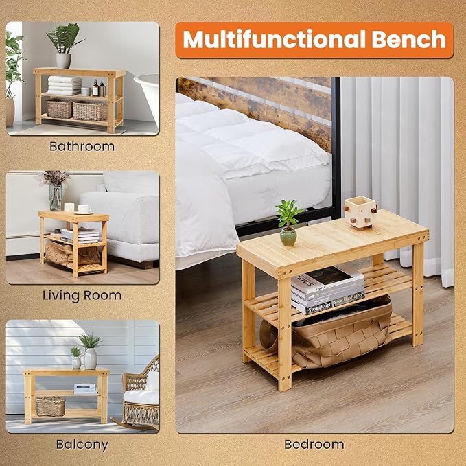 Sweetcrispy 3-Tier Shoe Rack Bench, Bamboo Entryway Storage Organizer, Shoes Stand for FrontDoor Entrance, Bedroom, Living Room, 286lb Capacity, 11.3 x 27.6 x 17.8 Inches, Natural Wood