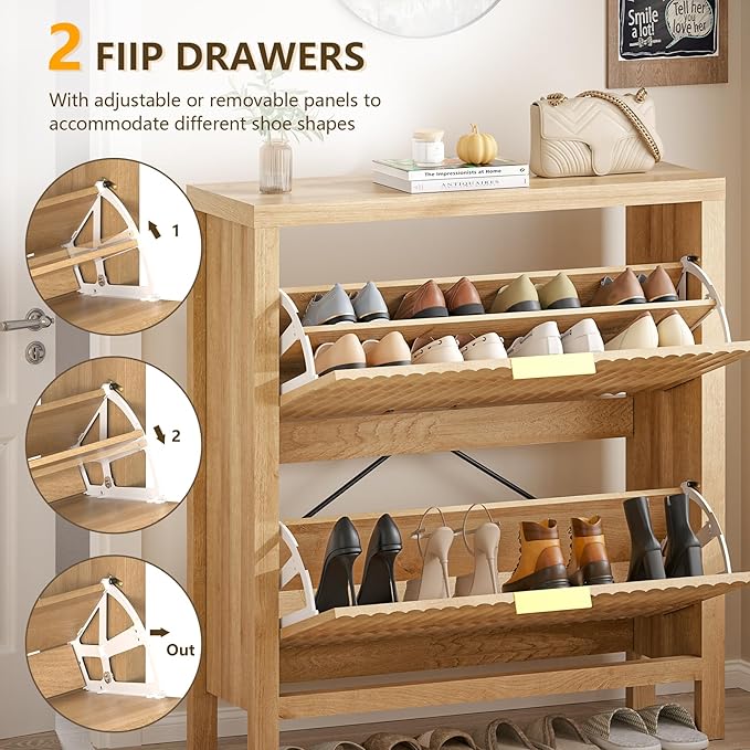Shoe Cabinet Storage for Entryway, Fluted Shoe Cabinet with 2 Flip Drawers, Hidden Shoe Rack Tall Freestanding Shoe Organizer with Legs for Hallway, Wood-NeatNest