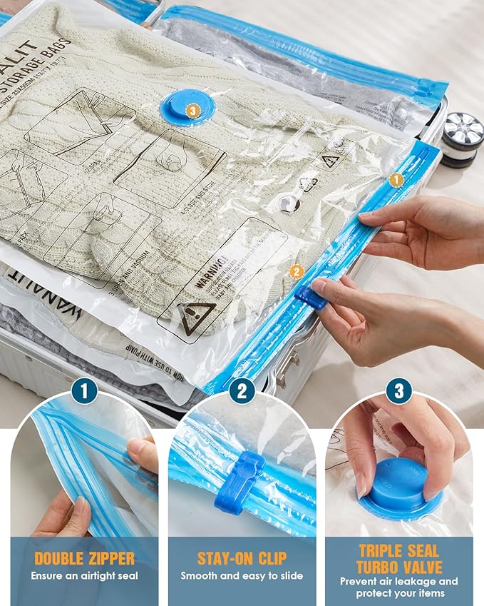 Vacuum Storage Bags for Travel, 12 Pack (4M+4S+4XS) Vacuum Seal Bags with Wireless Rechargeable Electric Pump, Travel Essentials Space Saving Bag for Clothes, Luggage, Carry-on Suitcase, Backpack-NeatNest