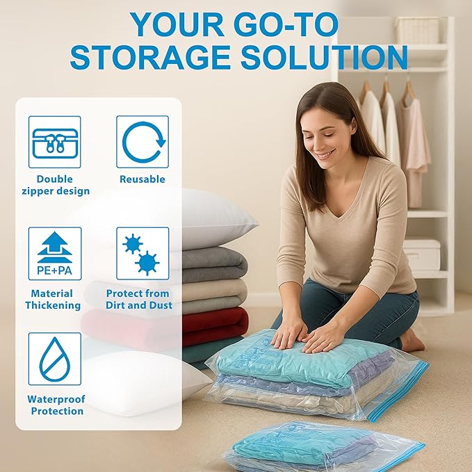 Vacuum Seal Bags for Clothing Travel, 12 Pack Vacuum Storage Bags for Clothes with Portable Electric Pump, Space Saver Bags for Luggage Traveling and Clothing-NeatNest