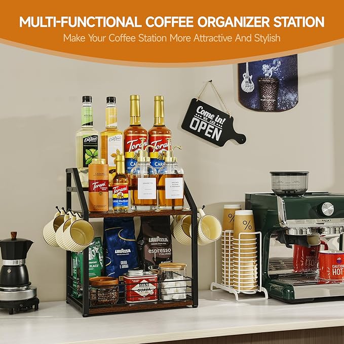 Coffee Station Organizer Mug Cup Holder Stand for Countertop, 3 Tier Coffee Syrup Organizer with 6 Hooks, Home Kitchens(Cabinets), Storage Stations, Office Desktop-NeatNest
