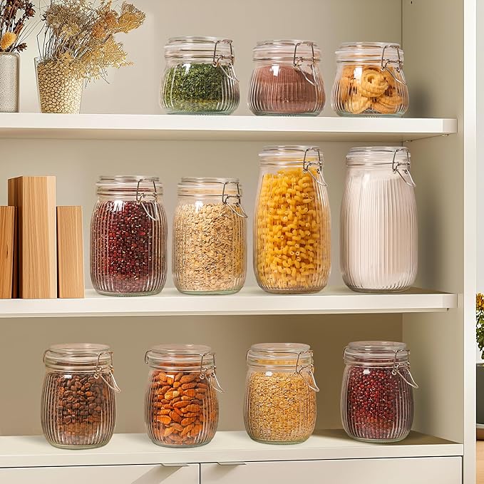 ComSaf Airtight Glass jar with lid 51oz Set of 3, Glass Storage Containers with Lids, Large Glass Canister, Striped Clip Fastening Jar for for Canning, Flour, Pasta,Coffee Beans, Cereal, Rice, Pickle-NeatNest