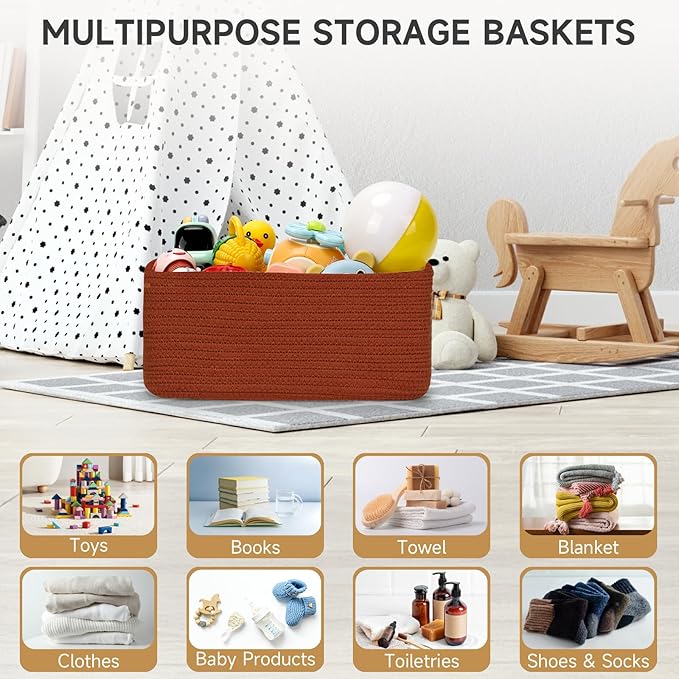 3-Pack Storage Baskets for Organizing | Woven Shelf Toy Basket | Rope Baskets for Gifts Empty | Closet Organizer Bins with Handles | Cube Decorative Box | 13.7×7.1×6.7” | Brick Red-NeatNest