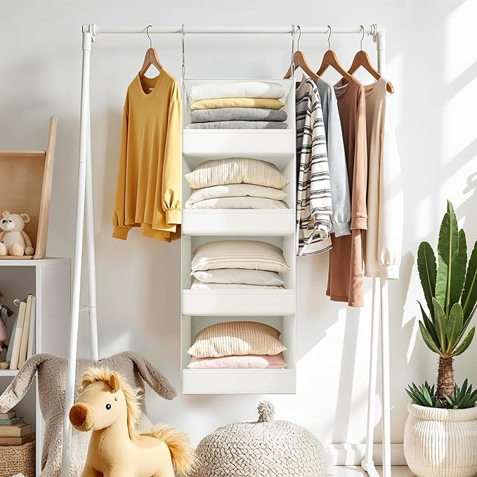 GRANNY SAYS 4-Shelf Hanging Organizer, Closet Hanging Shelves, Closet Hanging Storage Organizers, Organization for Bedroom, Living Room, Baby Nursery, Camper Accessories, Beige, 1-Pack-NeatNest