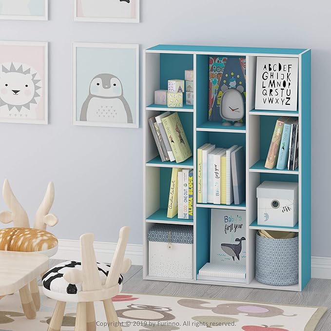 Furinno Luder Bookcase / Book / Storage , 11-Cube, White/Light Blue-NeatNest