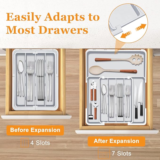 Homecor Kitchen Drawer Organizer, Expandable Silverware Drawer Organizer, Adjustable Utensil Organizer Tray, Cutlery Organizer for Forks, Knives, Kitchen Organizers and Storage, Grey-NeatNest