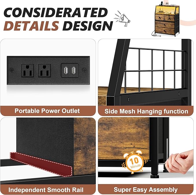 EnHomee Nightstand Set of 2, Night Stand with Charging Station & LED Lights, Bedside Table with 4 Fabric Drawers for Bedroom, Side Table with Outlets and 2 Ports, Rustic Brown