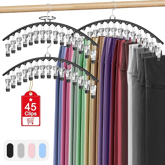 3 Pack Legging Organizer for Closet Hanging, Pants Hangers with 15 Clips Holds 45 Leggings, Shorts, Skirts, Jeans, Hats, Pants Hangers Space Saving Clothes Racks Closet Organizers and Storage, Black-NeatNest