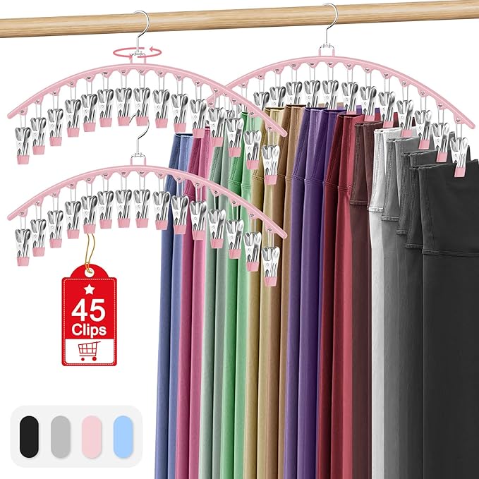 3 Pack Legging Organizer for Closet Hanging, Pants Hangers with 15 Clips Holds 45 Leggings, Shorts, Skirts, Jeans, Hats, Pants Hangers Space Saving Clothes Racks Closet Organizers and Storage, Pink-NeatNest