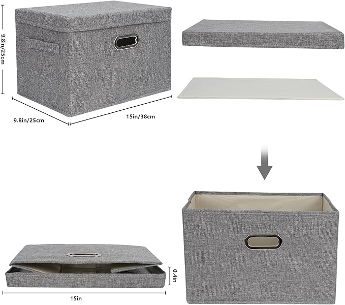 DAYARD Foldable Storage Boxes with Lids Linen Fabric Stackable Storage Bins Organizer Containers Baskets Cube with Cover for Closet Office Nursery, Grey (15 x 10 x 10)-NeatNest