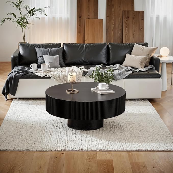 Handmade Round Grooved Drum-Shaped Coffee Table、Rustic Modern Circular Centerpiece for Living Room & Farmhouse Decor、Easy to Clean (B Black 30.9in)