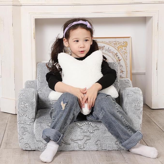 Dinosaur Glow in The Dark Toddler Couch, 2-in-1 Toddler Soft Couch Fold Out with Star Pillow, Convertible Sofa to Lounger for Girls and Boys, 1-Seat-NeatNest