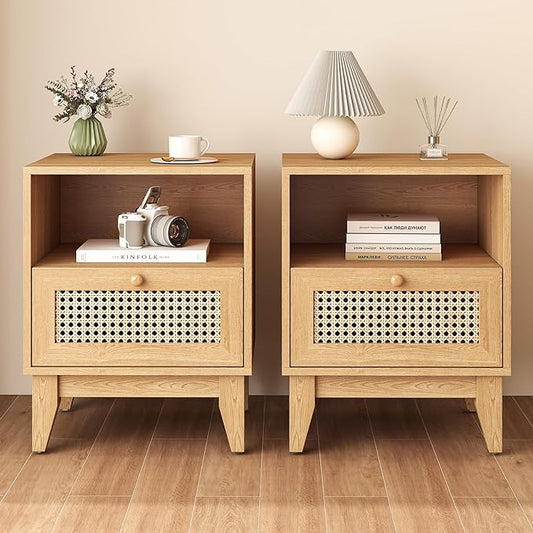 Oak Rattan Nightstands Set of 2 Rustic Bedside Tables with Storage Drawer and Opening Shelf for Bedroom Farmhouse Wood End Tables of 2 for Living Room