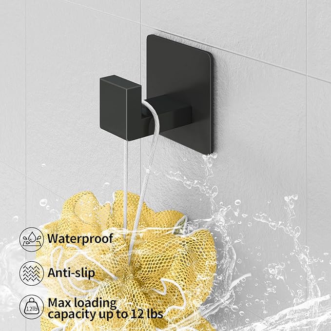 6 Pack Towel Hooks for Bathrooms Adhesive, Heavy Duty Shower Hooks for Inside Shower Wall, Stick on Self Adhesive Hooks for Robe Towel Coat, Bath Towel Hanger for Wall Kitchen Closet RV (Black)