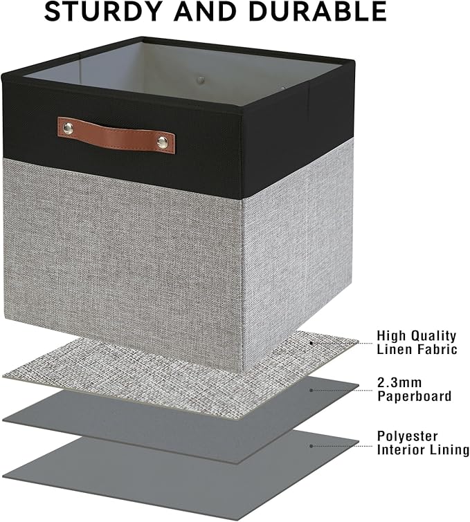 Collapsible Fabric Storage Cube Bins with 2 Reinforced PU Handles, Foldable Storage Organizer Baskets for Closet, Shelves, Living Room | 13"x13"x13", 4 Pack, Black & Gray-NeatNest