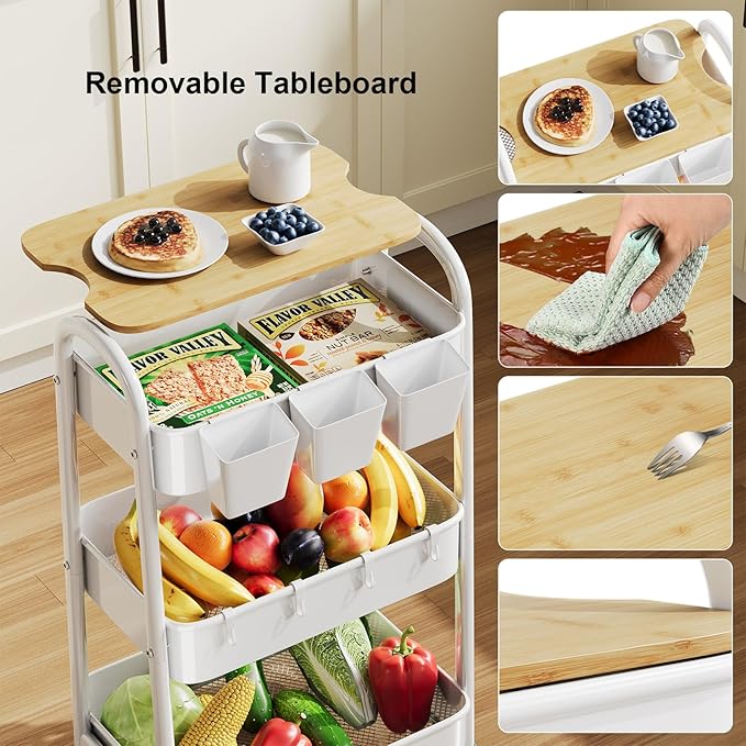3 Tier Rolling Cart Metal with Wheels and Bamboo Table Top, Art Cart Organizer on Wheels, White Three Tiered Storage Utility Carts for Craft, Baby, Diaper Caddy,Coffee,Kitchen,Cleaning,Office Supplies