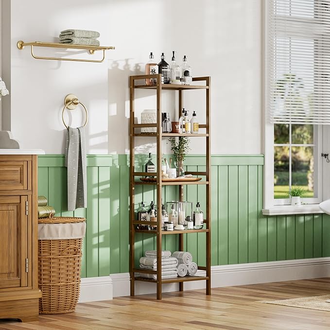 HITNET Bamboo Book Shelf, Tall Narrow Bookcase, Bathroom Shelving Unit 5 Tier Floor Standing Adjustable Bookshelf for Small Spaces, Walnut