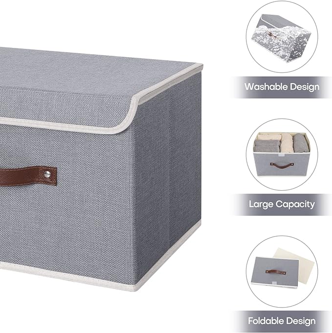 ANMINY 2PCS Storage Bins with Lid PU Leather Handles Storage Boxes PP Plastic Board Decorative Foldable Lidded Cotton Linen Fabric Home Cubes Baskets Closet Organizer Containers - Gray, Large Size-NeatNest