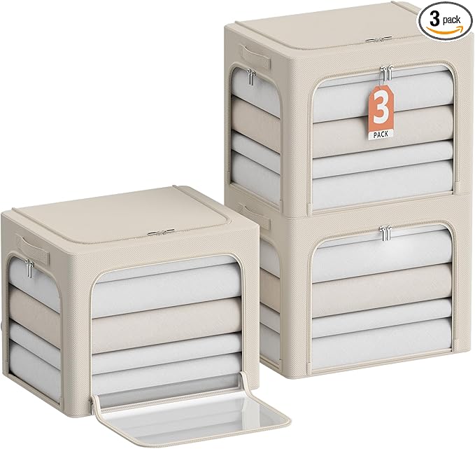 3Pack Clothes Storage Bins - Oxford Frame Storage Box Foldable Stackable Storage Organizer with 3 Openings Design, Metal Frame, Clear Window, Carry Handles (36L-15.7 * 11.8 * 11.8in, Beige)-NeatNest