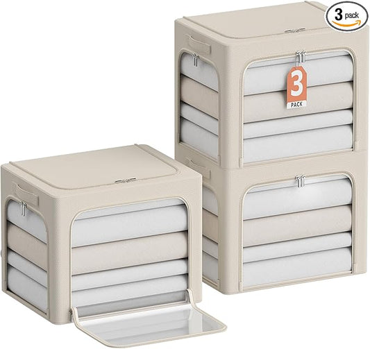 3Pack Clothes Storage Bins - Oxford Frame Storage Box Foldable Stackable Storage Organizer with 3 Openings Design, Metal Frame, Clear Window, Carry Handles (36L-15.7 * 11.8 * 11.8in, Beige)-NeatNest