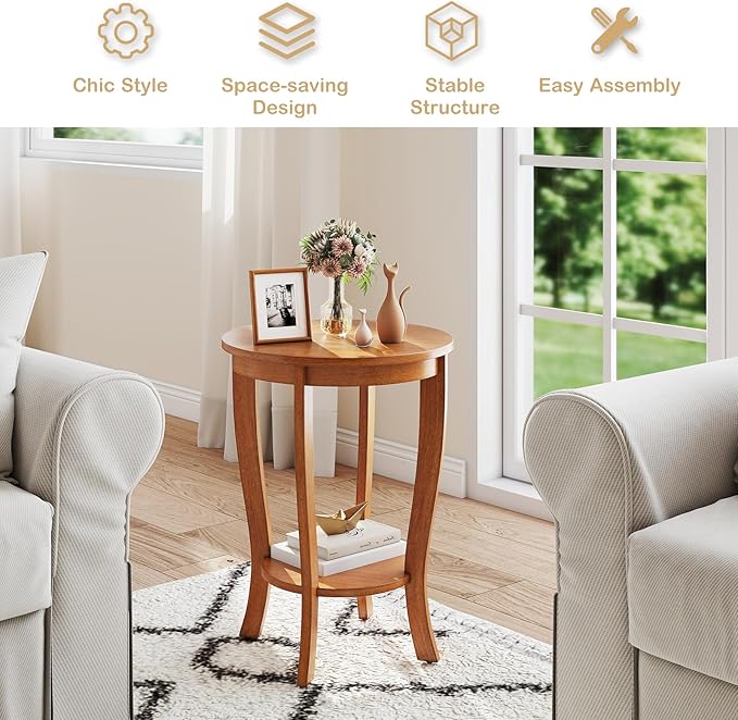 Giantex Round End Table, Retro Nightstand with Storage Shelf & Solid Wood Legs, 24.5" Accent Side Table for Small Spaces, Wood Bedside Night Stand for Living Room Bedroom, Light Brown
