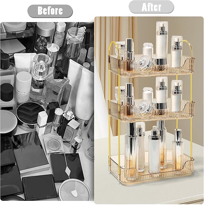 Bathroom Counter Organizer Countertop Storage Skincare Countertop Makeup Organizer Cosmetics Skincare Organizers Holder for Perfume-Amber-Golden Pole-3 Tier-NeatNest
