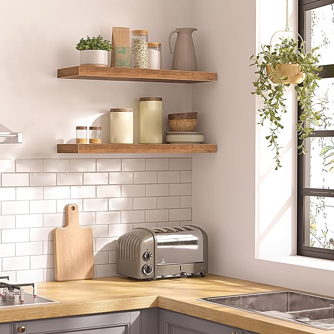 HOOBRO Floating Shelves for Wall, Wall Mounted Shelf Set of 2, 23.6" Hanging Shelf with Invisible Brackets, for Wall in Bathroom, Bedroom, Toilet, Kitchen, Living Room, Office, Rustic Brown BF60BJ01-NeatNest