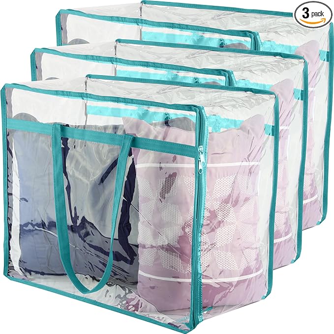 Clear Vinyl Zippered Storage Bags (3-Pack) 40L Sturdy Storage Bags for Sweaters, Blankets, Comforters, Bedding Sets and Much More! (Turquoise, 18x15x9)-NeatNest