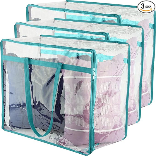 Clear Vinyl Zippered Storage Bags (3-Pack) 40L Sturdy Storage Bags for Sweaters, Blankets, Comforters, Bedding Sets and Much More! (Turquoise, 18x15x9)-NeatNest