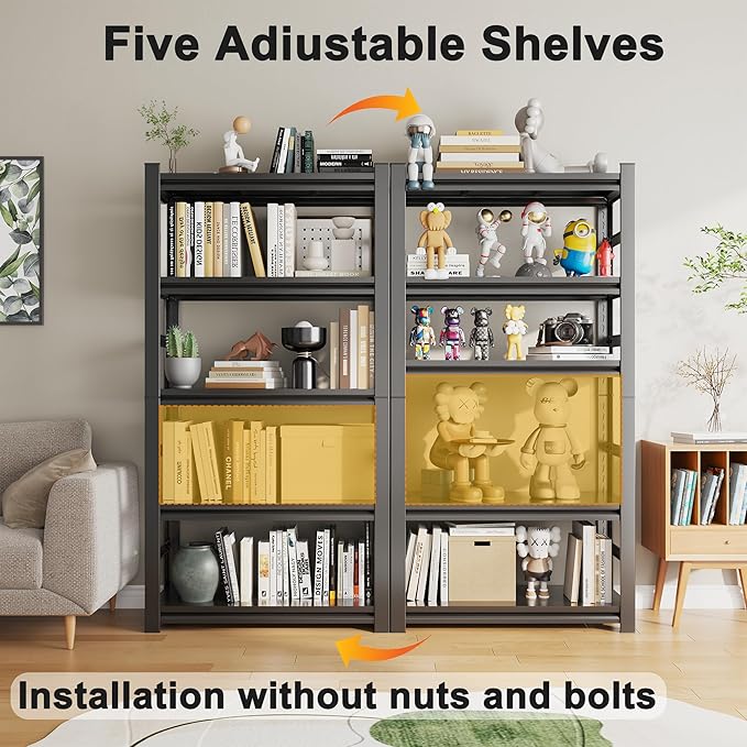 Book Shelf 5 Tier Metal Wide Bookcase,Heavy-Duty Adjustable Industrial Bookshelves,Tall Bookshelf for Living Room&Office and Kitchen, Black(72" H*35.4W*15.7" D)-NeatNest