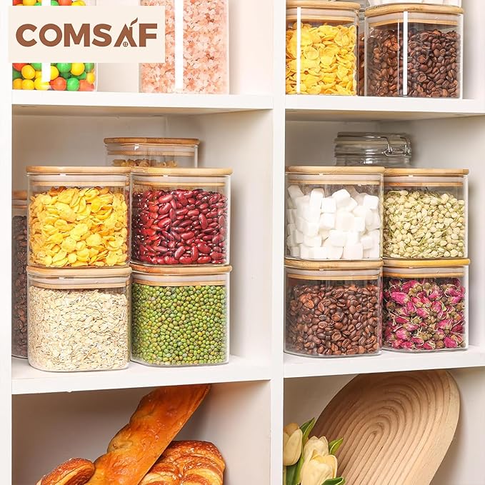 ComSaf 0.7 Qt Glass Food Storage Jars Set of 9, Clear Glass Storage Containers with Lids, Pantry Organization Jar, Spice, Blooming Tea, Oat, Coffee and Sugar Container, Small Canister Set for Kitchen-NeatNest