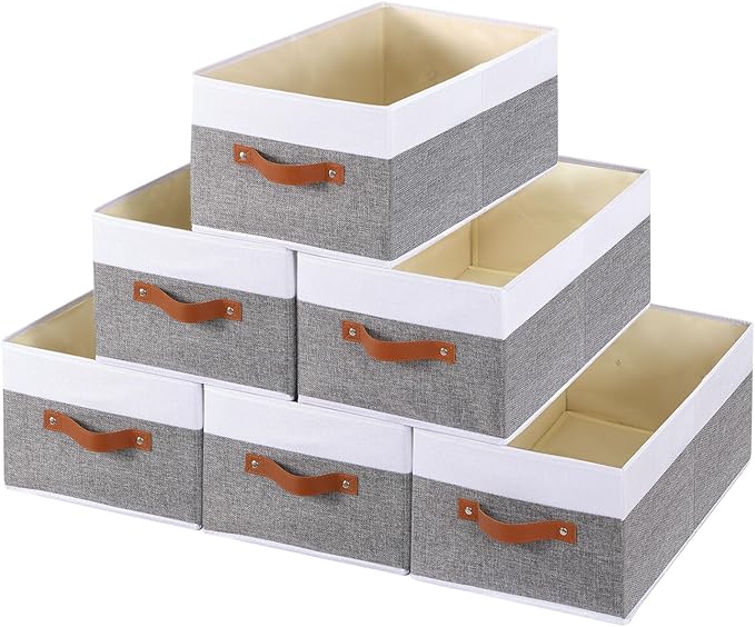 Clothing Storage Bins, Clothes Boxes with Handles, Baskets for Organizing, Fabric bins for Shelves, 13 × 9.1 × 5.5 inch, 6 Pack, White and Grey-NeatNest