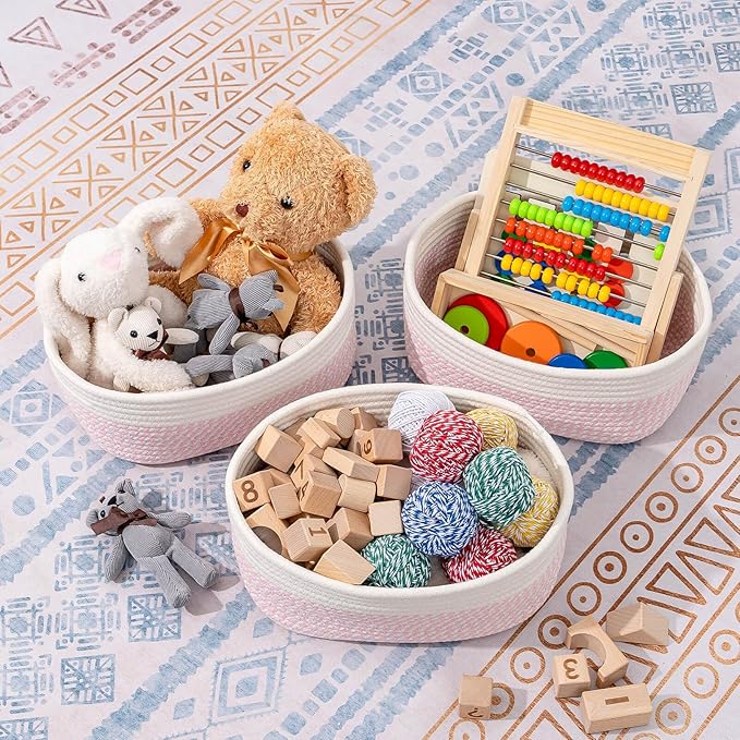 CubesLand Rectangle Organization/Storage Basket, Natural Cotton Rope Woven Baskets for Organizing, Small Basket for Kids, Baby Nursery, Cat Dog Toy Baskets, Organizer Bins for Shelves 3 Packs-NeatNest